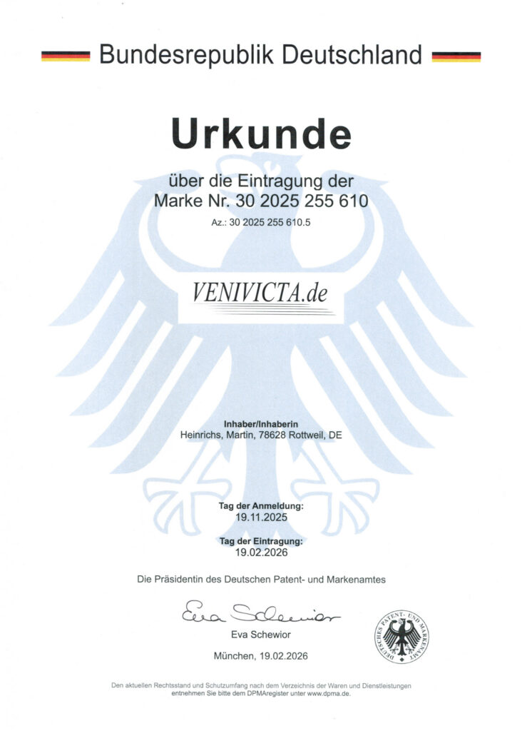Urkunde zur Wortmarke von VENIVICTA.de